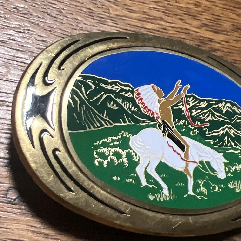 Vintage NAP Inc 1983 Solid Brass Native American Horse Mountain Belt Buckle F09